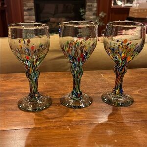 NWOT Mexican Hand-Blown Confetti Art Glass Stemmed Goblet Colorful NEW Fiesta